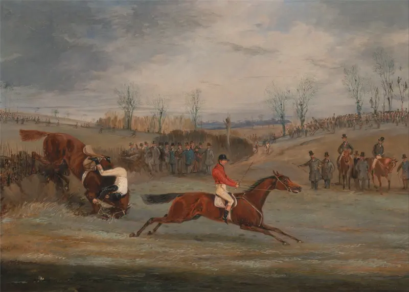 Oil painting by Henry Thomas Alken depicting horses racing in a steeplechase with a cheering crowd.