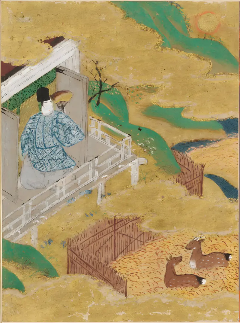 Gold illustration by Tosa Mitsunobu featuring delicate figures emerging from mist.