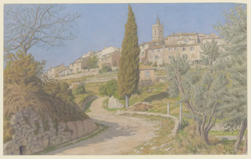 Post-Impressionism landscape by Henri Rivière, depicting rolling hills and a village.
