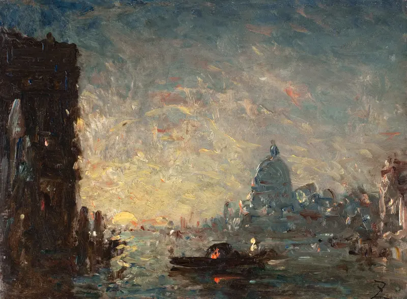 Landscape by Félix Ziem, depicting a sunset over water, oil painting