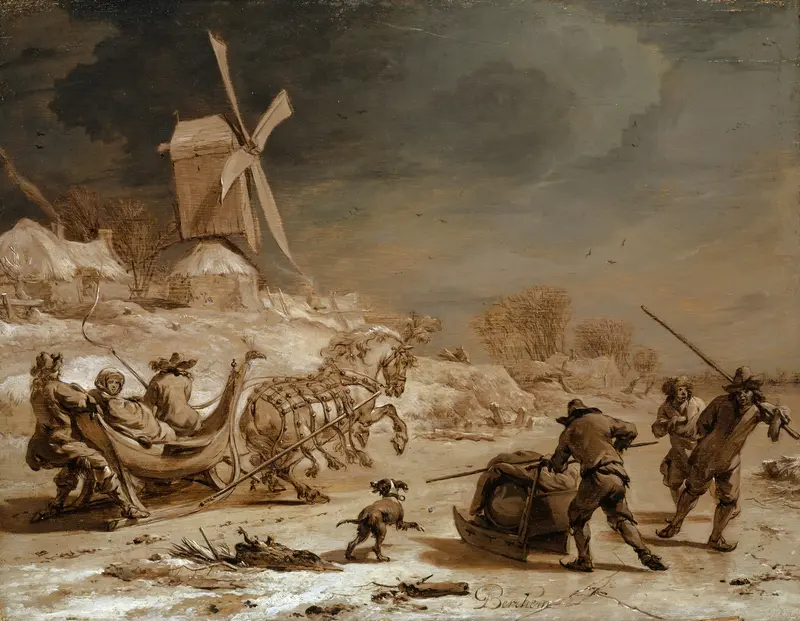 Sledging, oil on canvas by Nicolaes Pietersz Berchem, depicting figures sledding in a snowy landscape.