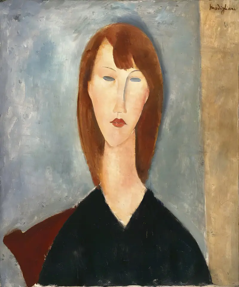 Amedeo Modigliani's 'Portrait of an unknown model' features a seated woman with an elongated neck and almond-shaped eyes.