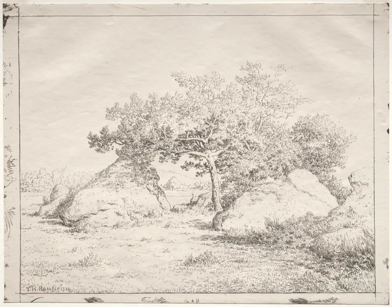 Cherry Tree at Blau by Théodore Rousseau, oil on canvas, featuring a cherry tree in bloom with rolling hills.