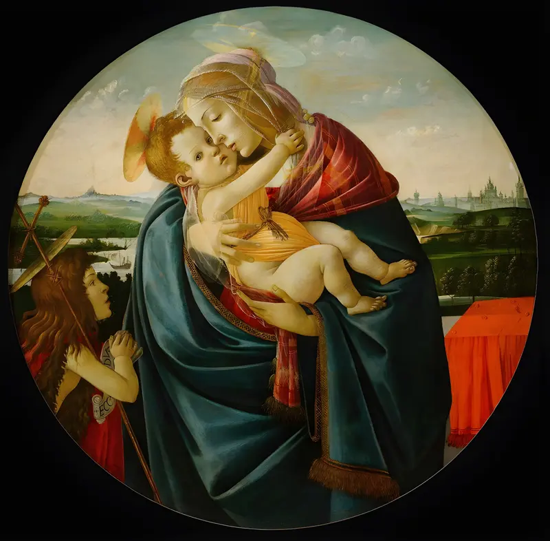 Sandro Botticelli's 'Virgin and Child With Saint John The Baptist' showcases a serene depiction of the Holy Family.