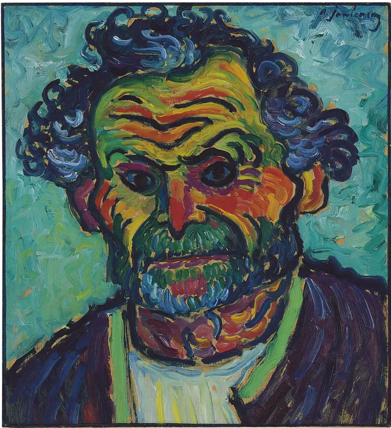 A vivid portrait featuring a man with intense colors and exaggerated facial features.