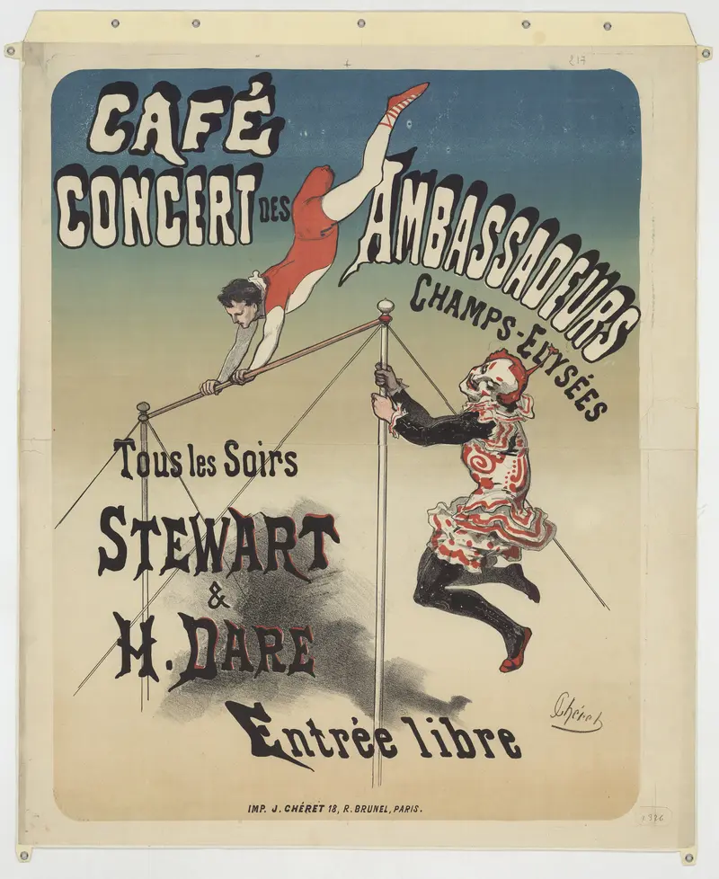 A vibrant depiction of a café-concert scene by Jules Chéret.