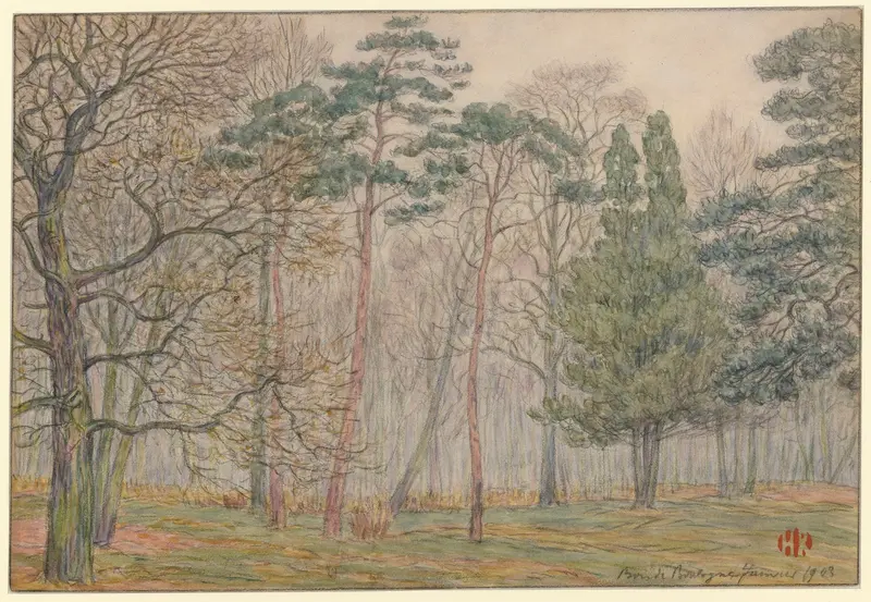 Bois de Boulogne by Henri Rivière, an impressionist landscape oil painting depicting a serene forest scene.