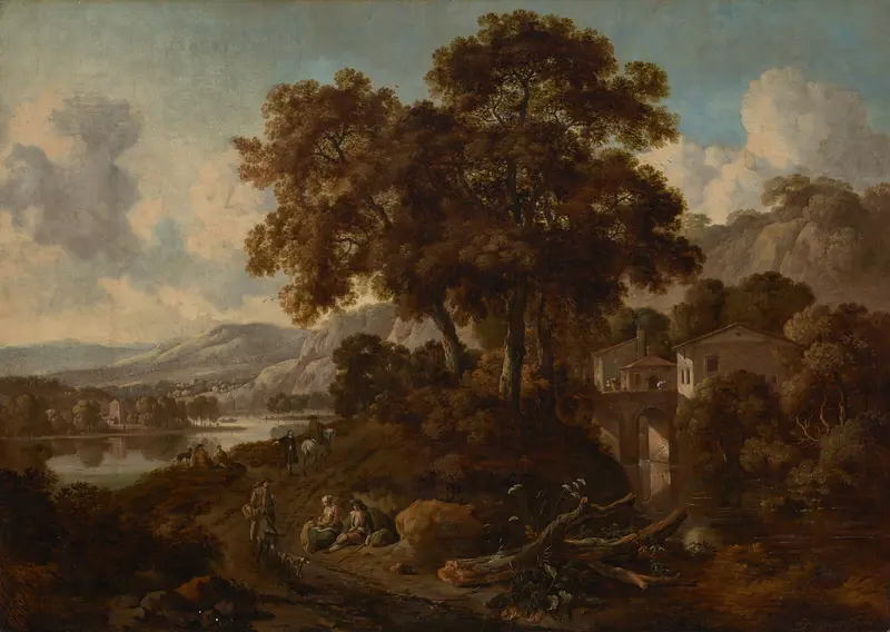 An Italianate wooded landscape with a river by Jan Wijnants, oil painting