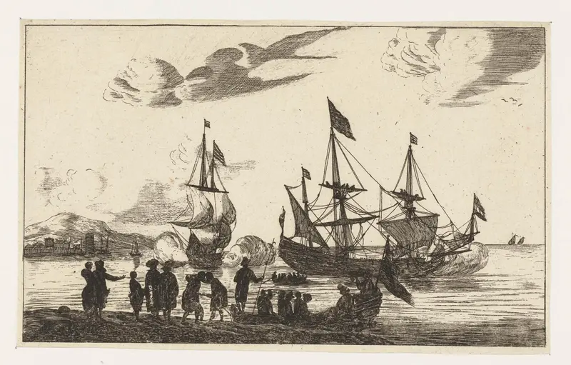 Havenscène met een spiegelsloep, etching by Unknown Artist depicting a tranquil marine scene
