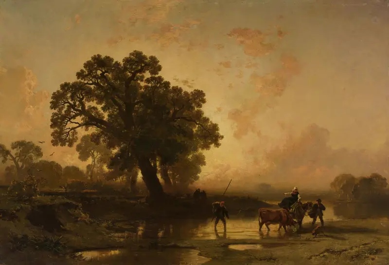 Riverside landscape at sunset, oil on canvas by Charles Hoguet