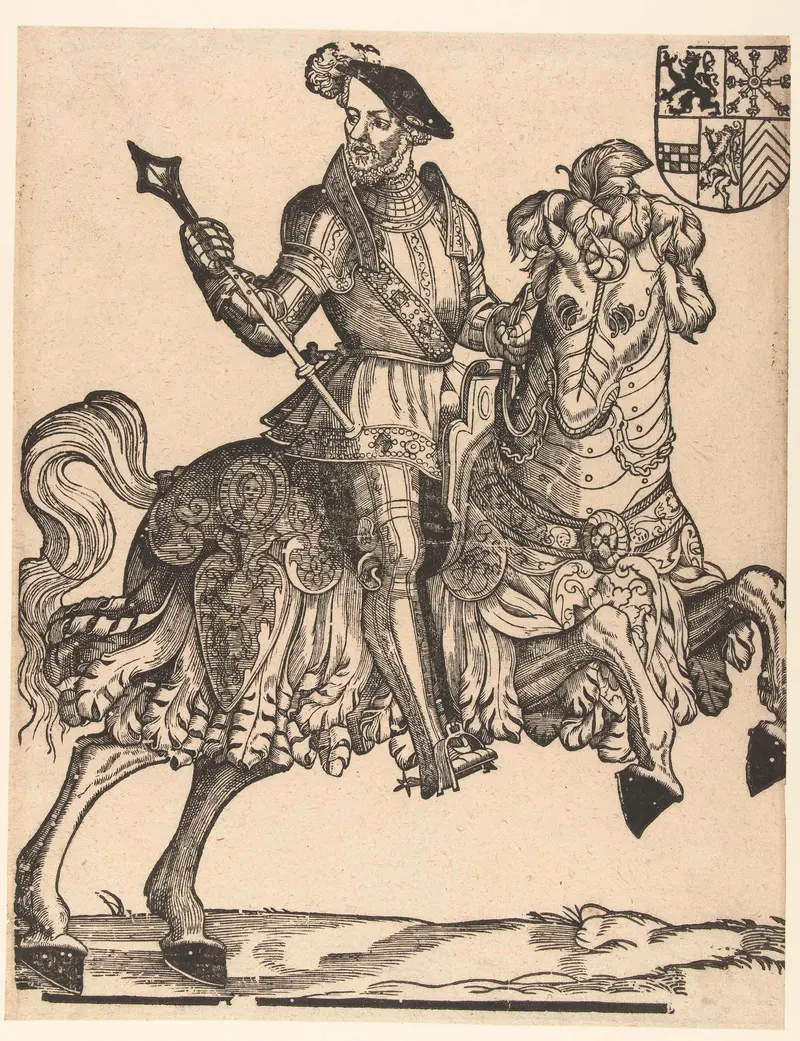 Portrait of Duke Willem van Kleef on horseback, paper by Cornelis Anthonisz