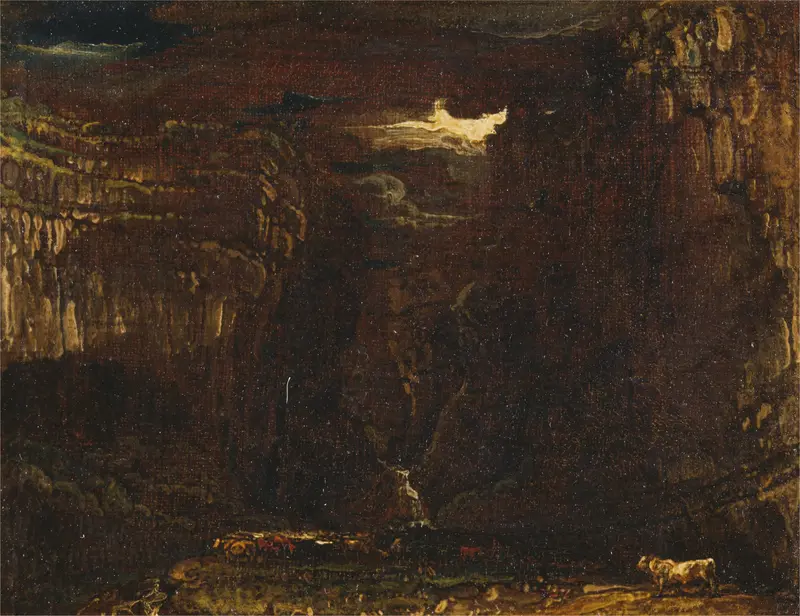 Sketch for ‘Gordale Scar’ by James Ward, depicting jagged cliffs and nature in pencil.