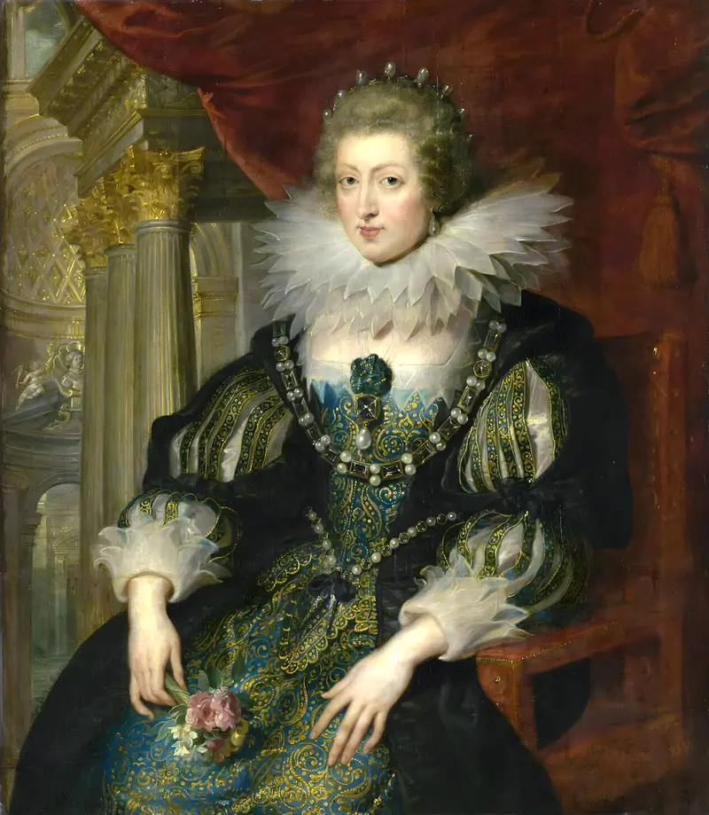 A seated woman in a deep blue and gold gown with a starched white ruff, holding flowers, against a red curtain and grand architectural background.