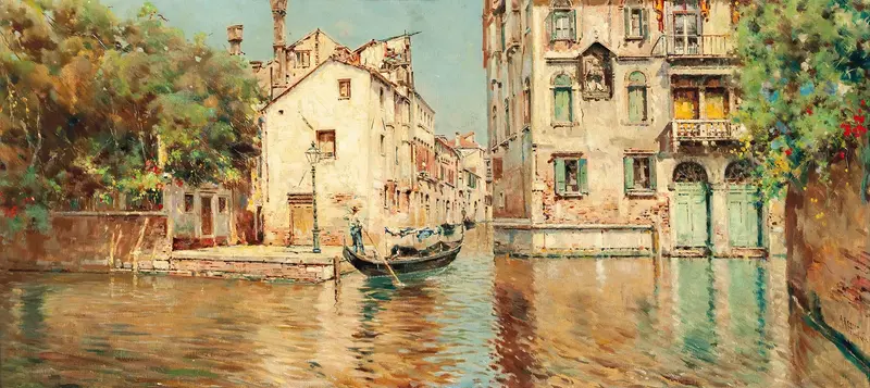 Gondolier navigating a Venetian backwater, oil painting by Antonio María de Reyna Manescau