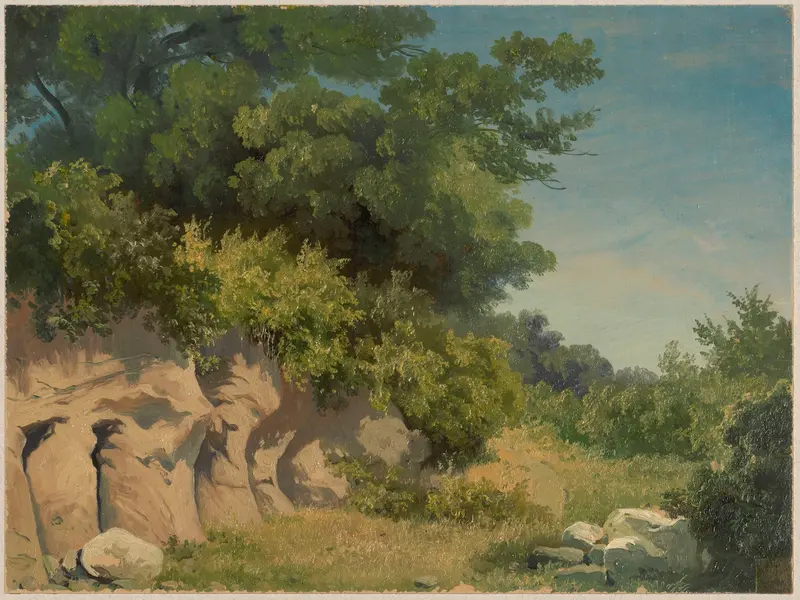 Cliff overgrown with trees by Arthur Blaschnik, depicting vibrant foliage and rugged cliffs in an oil painting.