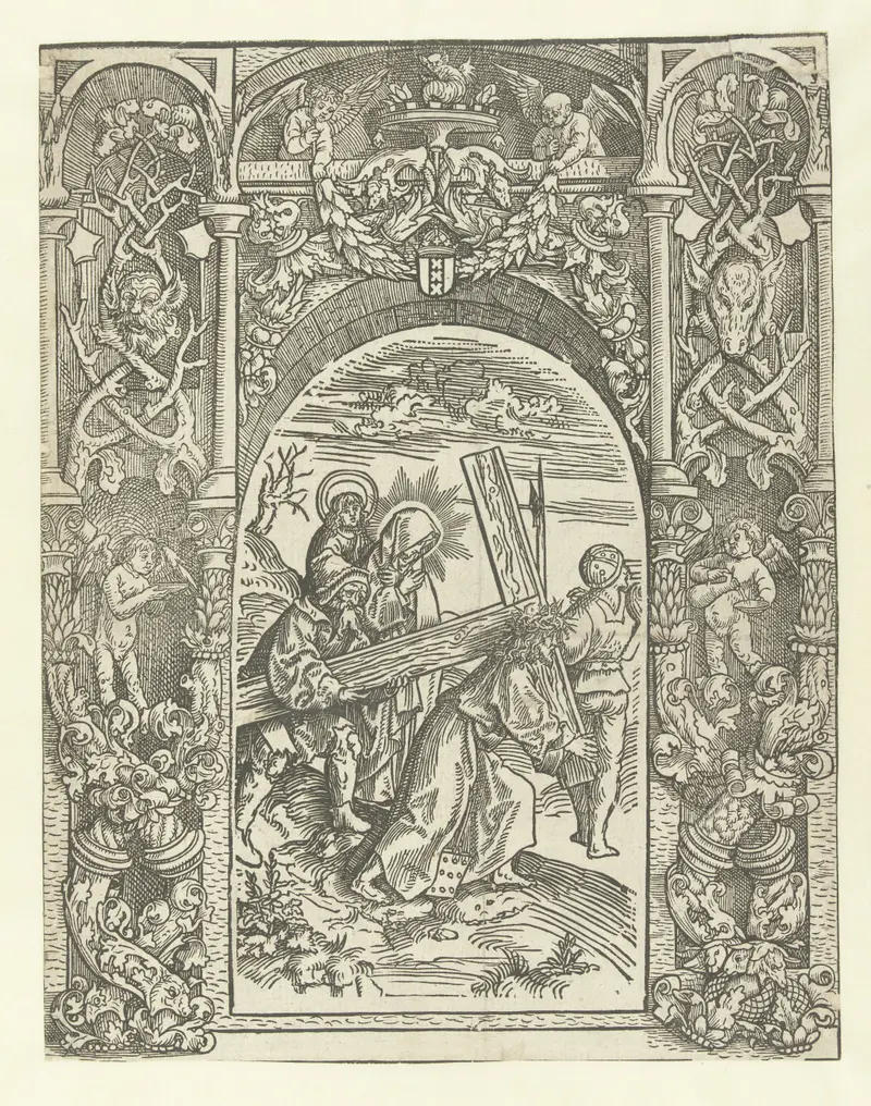 Kruisdraging met ornamentele omlijsting by Jacob Cornelisz van Oostsanen, paper medium showing figures carrying a cross.