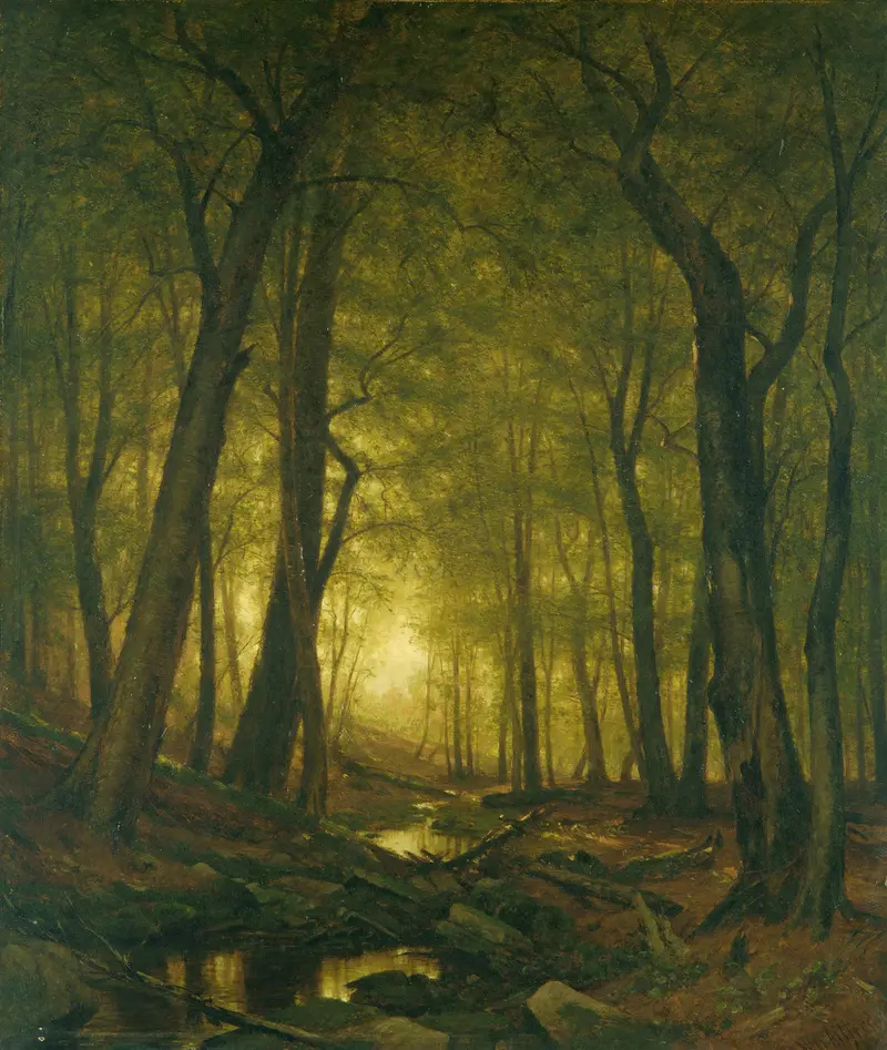 Evening in the Woods by Worthington Whittredge, oil painting of a tranquil forest scene