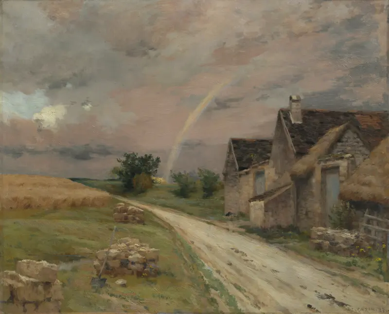 Landscape oil painting by Jean Charles Cazin depicting dawn with mist and colorful sky.