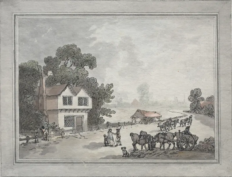 Horses and carts on a country road, watercolor on paper by Thomas Rowlandson