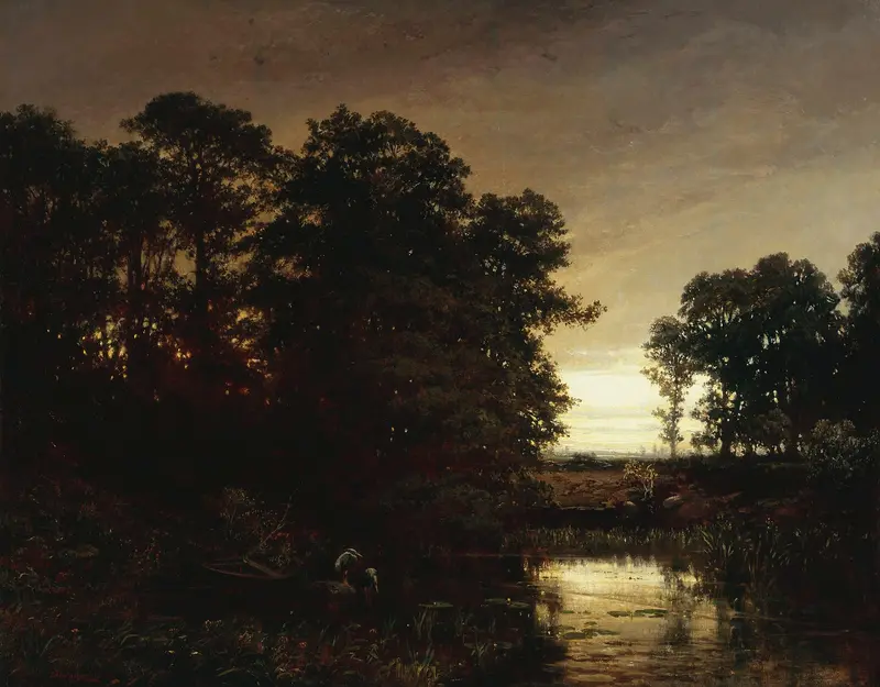 Waterside landscape by Charles François Daubigny, oil on canvas featuring a serene river and lush foliage.