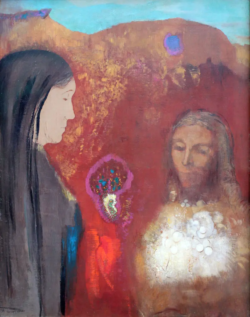 Odilon Redon's 'Christ and the Samaritan Woman' features a serene depiction of a biblical scene.