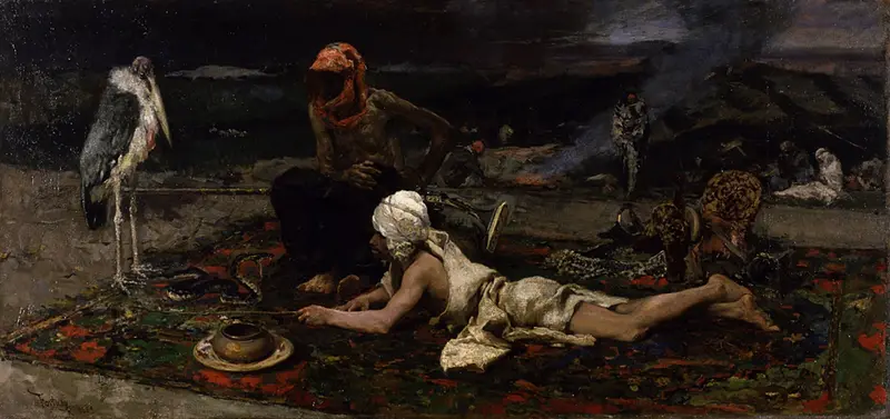 A captivating scene of Hindu snake charmers by Mariano Fortuny Marsal.