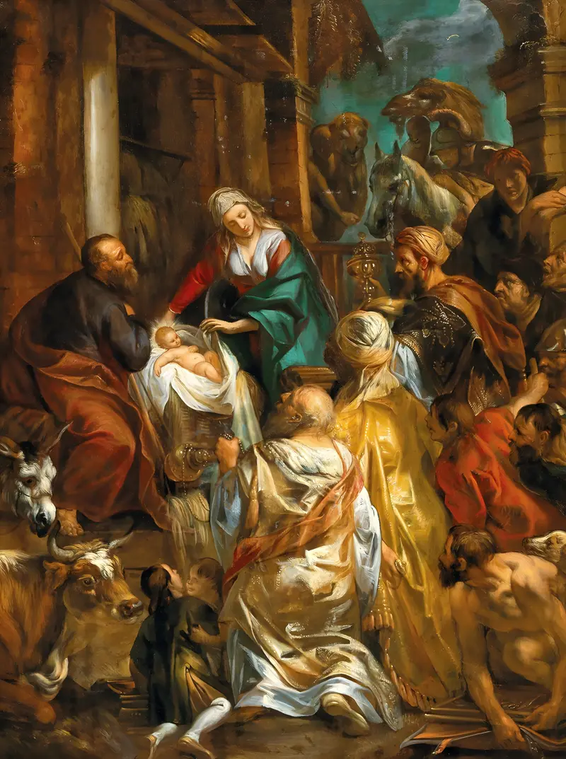 The Adoration of the Magi by Jacob Jordaens depicts the Three Wise Men presenting gifts to the infant Jesus.
