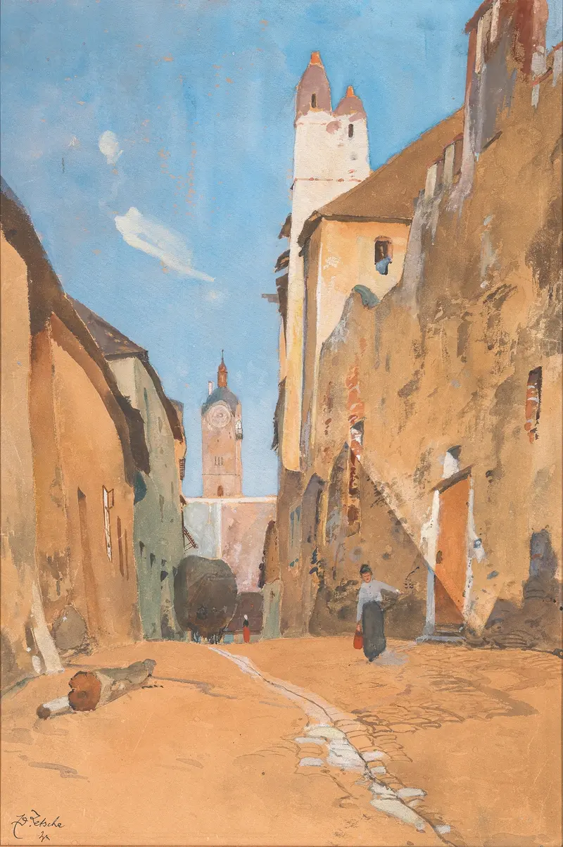 Road in Stein upon Danube by Eduard Zetsche, oil on canvas showing a winding road and river.