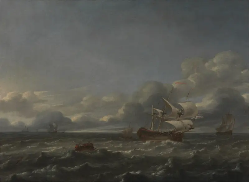 Men of War in a Stiff Breeze by Jan Theunisz. Blanckerhoff, oil painting depicting ships in stormy seas.