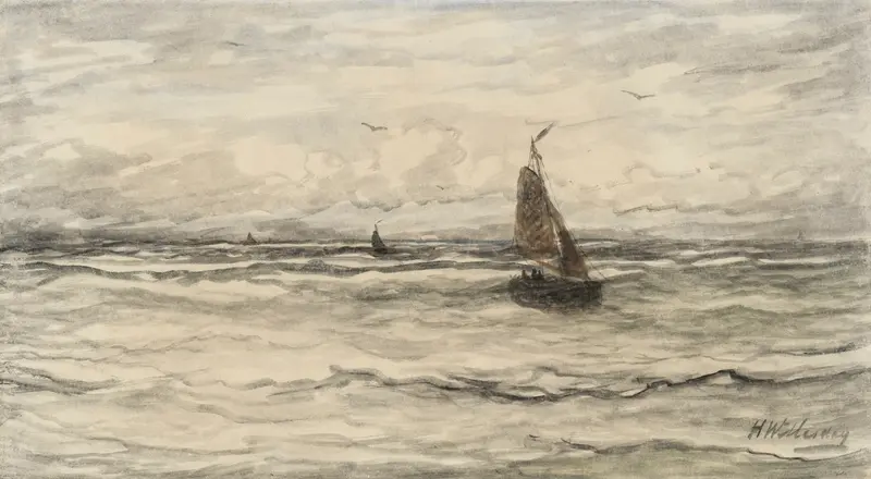 Marine scene with ships on a turbulent sea, oil on canvas by Hendrik Willem Mesdag