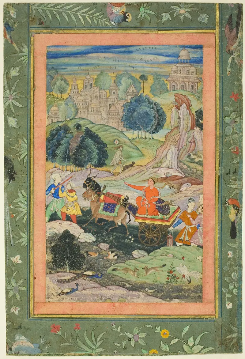 Prince riding in chariot drawn by goats, paper, Mughal