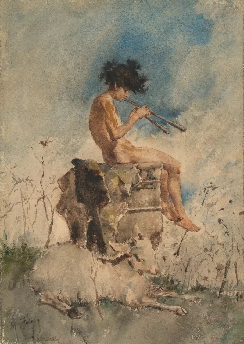 A captivating depiction of Pan playing his pipes in a lush landscape.