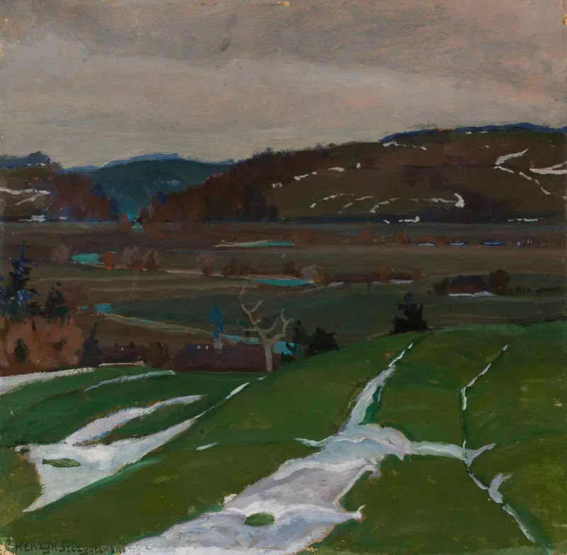 Landscape near Vilnius, oil on canvas by Henryk Szczygliński, featuring rolling hills and soft light.