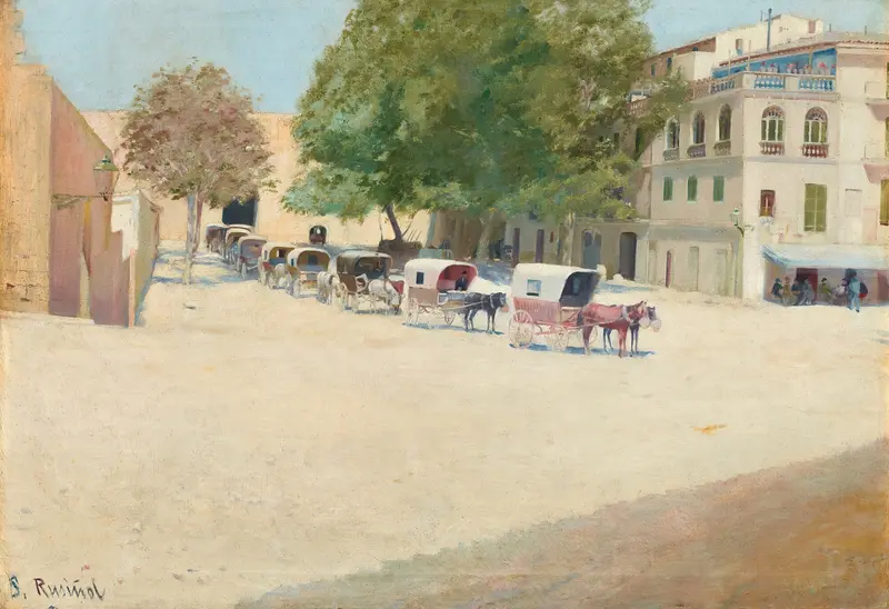 Paseo De Mallorca by Santiago Rusiñol, oil on canvas depicting a twilight landscape with vibrant colors.