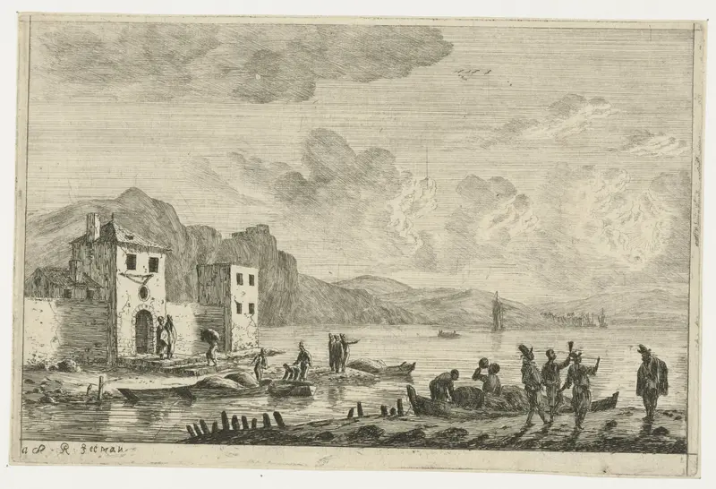 Havenscène met gebouwen op de kade etching by Reinier Nooms depicting ships and buildings by the water