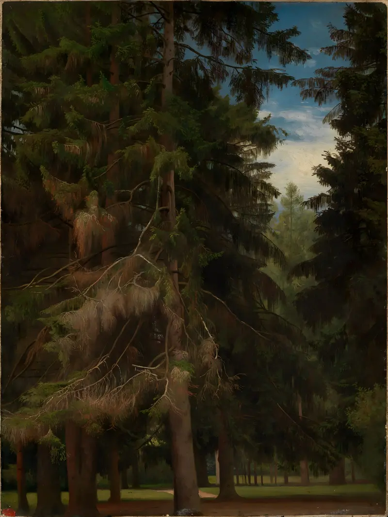Lichtung im Tannenwald, oil painting by Johann Wilhelm Schirmer depicting a forest clearing with dappled sunlight.