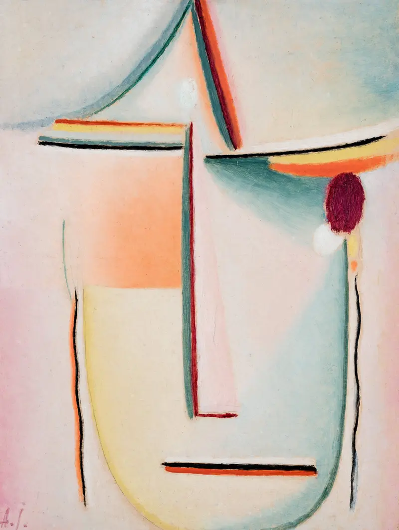A simplified face emerges through gentle lines and soft colors, evoking emotion and presence.