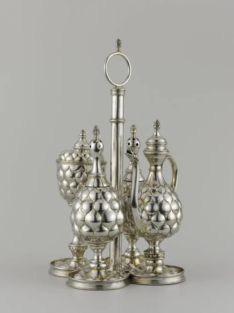 Still life of a spice set by Anthonie Grill, 1642, featuring an oil can and shakers.