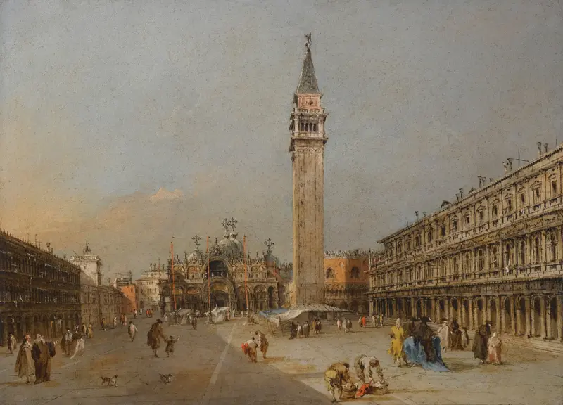 Rococo oil painting by Francesco Guardi depicting the Basilica and Campanile in Venice.