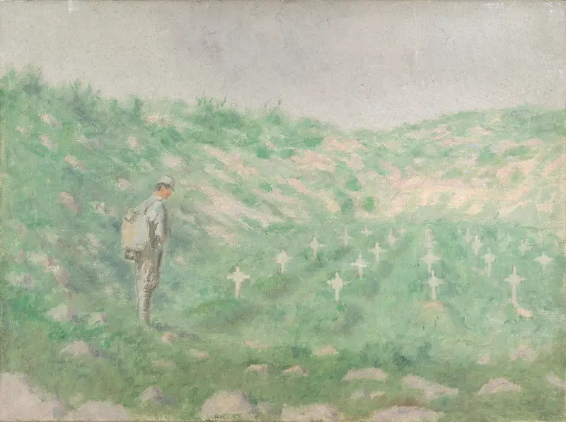 Military Cemetery by Dezider Czölder, oil on canvas depicting aligned headstones