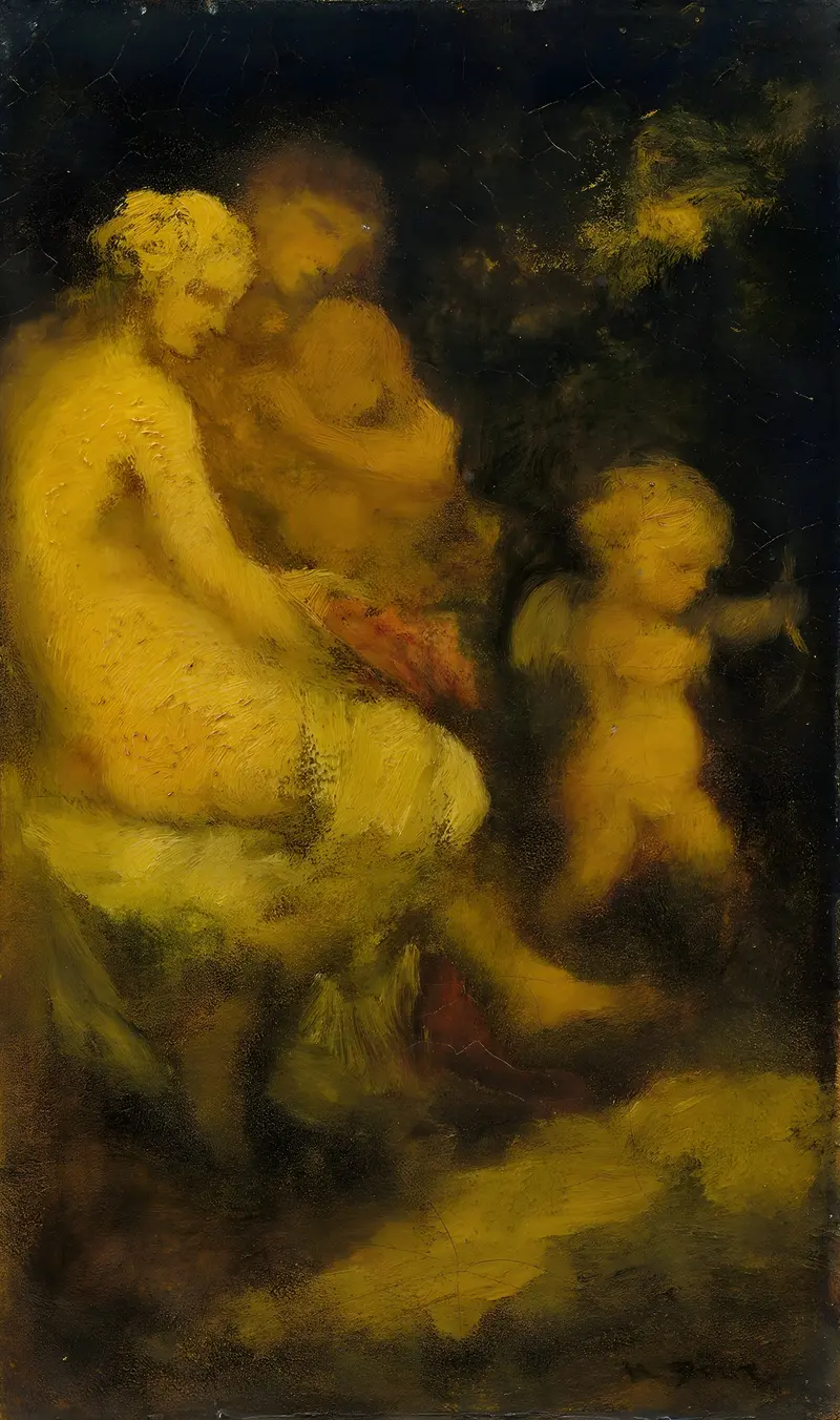 A depiction of Cupid's education in a lush, romantic setting.