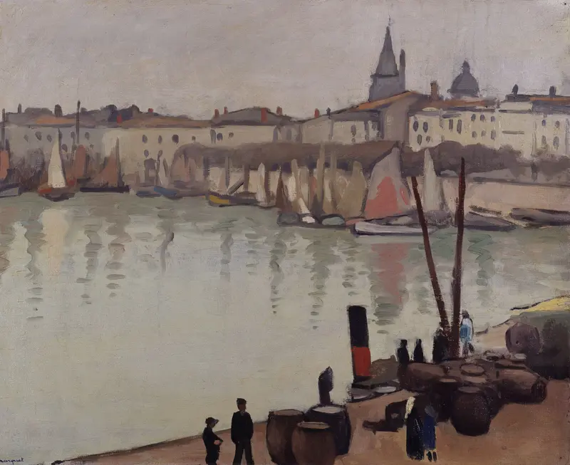 Port of La Rochelle by Albert Marquet, oil painting depicting a tranquil harbor with boats and pastel sky.