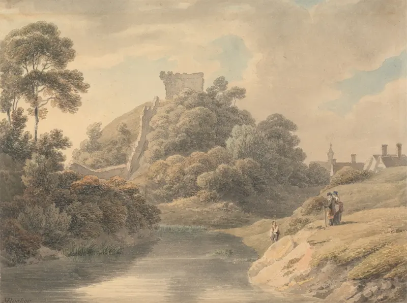 Clare Castle ruins in Suffolk by Michael Angelo Rooker, oil painting