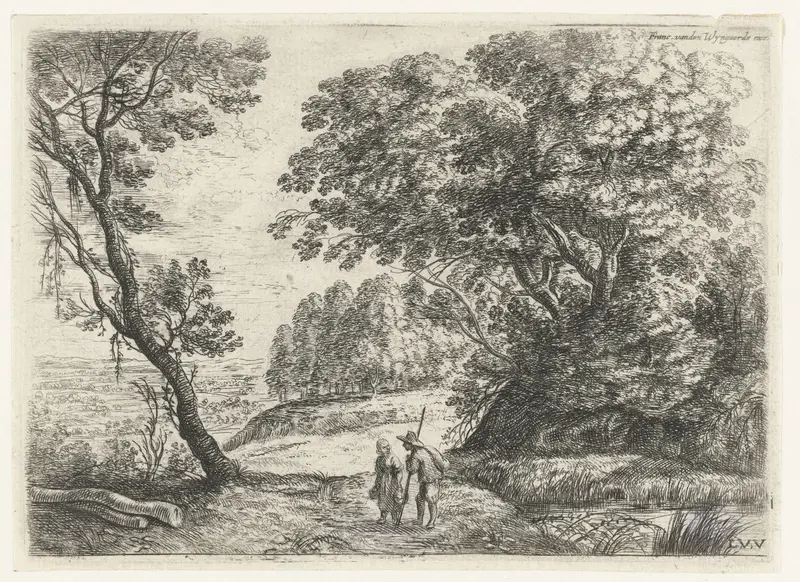 Landschap met een man en vrouw in gesprek, etching by Lucas van Uden