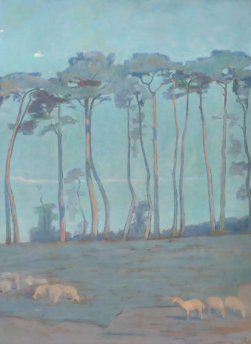 Paysage bleu aux moutons by Henri Rivière, oil on canvas depicting sheep under a blue sky.