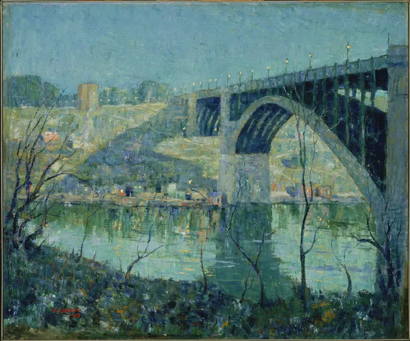 Spring Night, Harlem River by Ernest Lawson, oil on canvas depicting twilight over the Harlem River