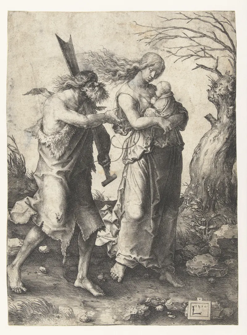 Engraving of Adam and Eve after their expulsion from paradise by Lucas van Leyden