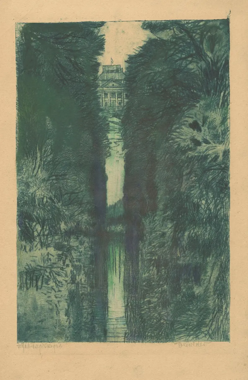 Landscape of Łazienki Park with trees and Belweder, oil painting by Feliks Jabłczyński