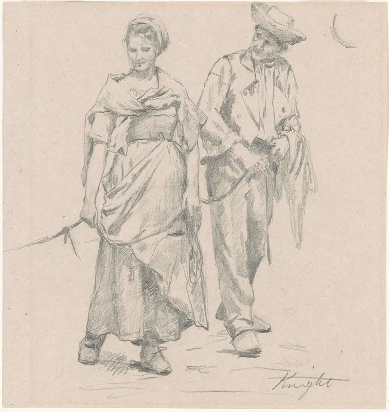 A depiction of two peasant figures engaged in daily life.