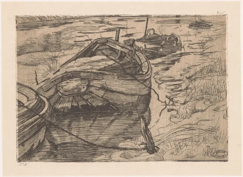 Afgemeerde roeiboten in een sloot by Pieter Dupont, depicting boats on tranquil water at twilight.